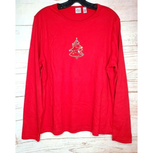 Wish For Joy Red Christmas Tree Logo Long Sleeve Women Top Glitter Tree Shirt - Picture 1 of 12